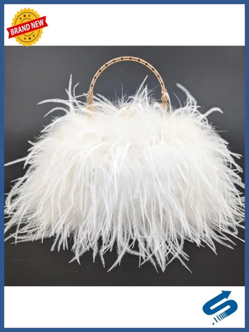 Natural Feather Evening Clutch with Golden Handle Vintage Fluffy Handbag
